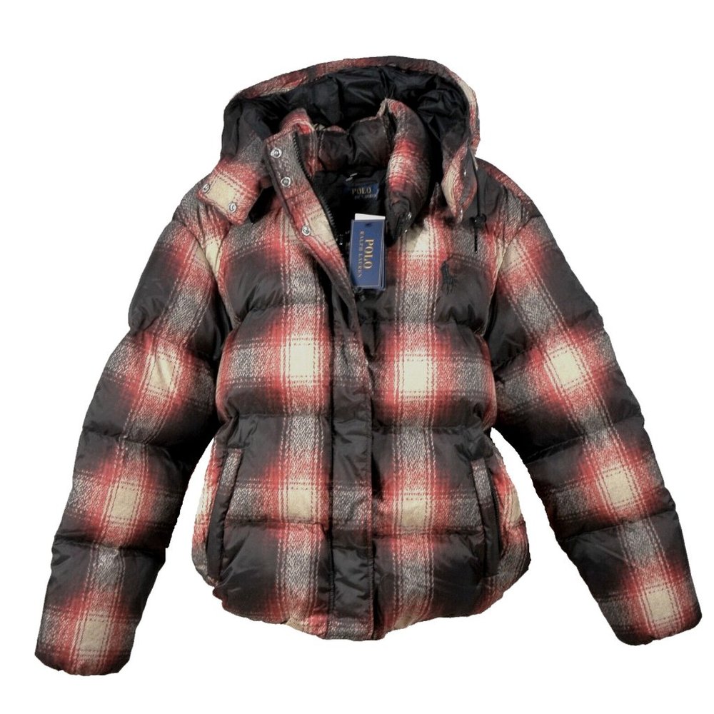 NEW $498 Polo Ralph Lauren Carly Down Puffer Jacket! Red Creme & Black Plaid